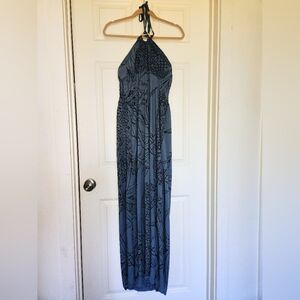 Wahine Toa Halter Maxi Dress in Slate Blue/Gray with Matching Wrap